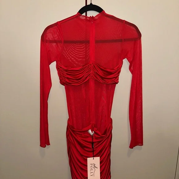 Oh Polly Essie Sheer Panelled Long Sleeve Mini Dress in Fire Red size 6 US Oh Polly Essie Sheer Panelled Long Sleeve Mini Dress in Fire Red size 6 US